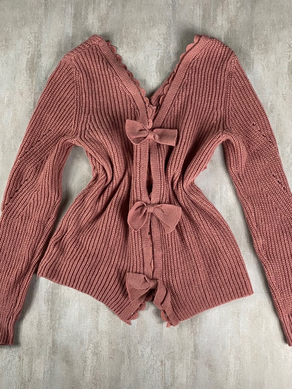 Womens Dusky Pink Bow Tie Front Knit Cardigan Sweater Size Small Scalloped